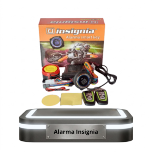 Kit de alarma Insignia para motocicleta exhibido con su caja y manuales