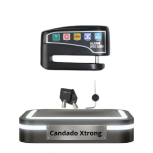 Candado Xtrong de seguridad para disco de freno junto a sus llaves y herramienta.
