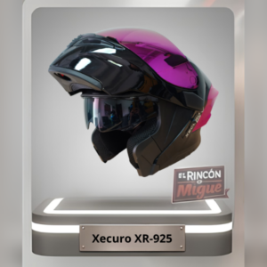 Casco abatible Xecuro XR-925 color negro brillante con visor tornasol fucsia.