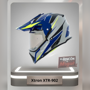 Casco tipo enduro multipropósito Xtrong XTR-902 color azul y gris con detalles en amarillo neón y visera superior.