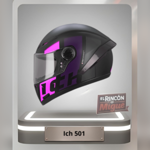 Casco integral marca Ich modelo 501 color negro mate con bloques de color fucsia y morado en los laterales.