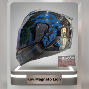 Casco integral Kov Magneto Lion color negro brillante con gráfico de un león en puntos azules y visor azul oscuro.