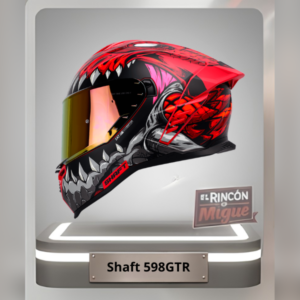 Casco integral Shaft 598GTR rojo y negro con diseño agresivo de dientes de monstruo y visor dorado.