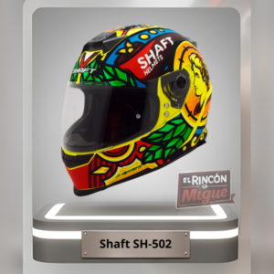 Casco integral Shaft SH-502 con un llamativo diseño multicolor estilo pop art en tonos amarillo, rojo, verde y azul.