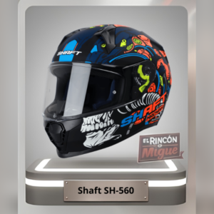 Casco de moto integral Shaft SH-560 color negro con diseño de piezas mecánicas y letras en colores neón.