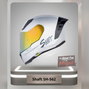 Casco integral Shaft SH-562 color blanco sólido con detalles en negro, alerón trasero deportivo y visor amarillo espejo.