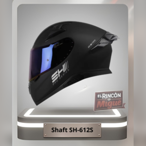 Casco de moto integral Shaft SH-612S color negro mate liso, estilo sobrio, con visor azul tornasol.