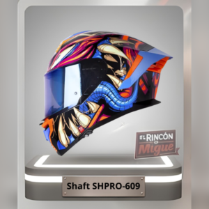 Casco integral Shaft SHPRO-609 con gráficos vibrantes de monstruo en colores azul, naranja y fucsia, equipado con visor azul.