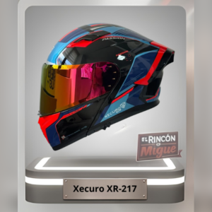 Casco integral Xecuro XR-217 con gráficos dinámicos en azul y rojo, incluye un visor polarizado en tono rojo.