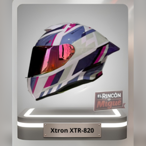 Casco integral Xtrong XTR-820 con gráficos geométricos en blanco, morado y fucsia, visor rojo tornasol.