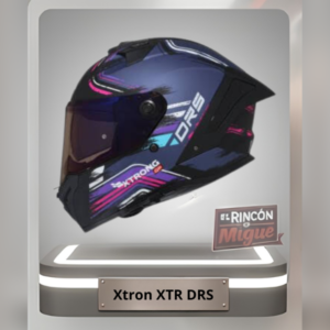 Casco integral Xtrong XTR DRS color azul oscuro con gráficos de líneas horizontales en fucsia y turquesa.