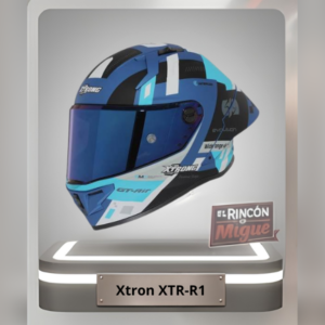 Casco integral deportivo Xtrong XTR-R1 color azul, blanco y negro con diseño racing y visor azul oscuro.