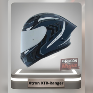 Casco de moto integral Xtrong XTR-Ranger color azul mate con líneas decorativas plateadas y visor transparente.