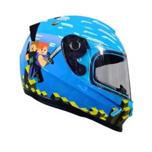 Casco integral para niño marca Xtrong XTR002 color azul con diseño animado estilo Minecraft sobre fondo blanco.