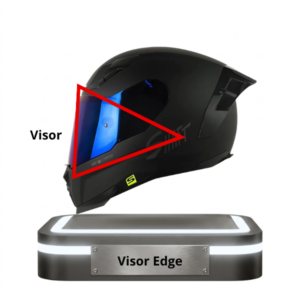 Casco Edge marcando su visor tintado azul mediante un contorno gráfico rojo.