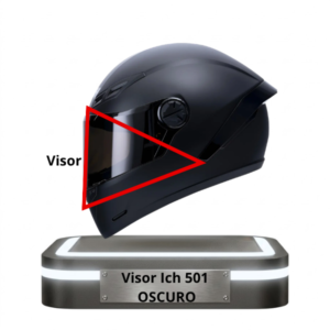 Casco Ich 501 destacando la zona del visor claro mediante un triángulo rojo.