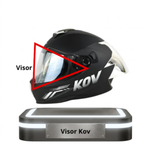 Casco Kov resaltando su visor transparente estándar con un indicador gráfico rojo.