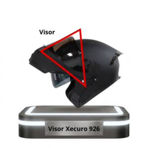 Casco Xecuro 926 negro con el visor destacado gráficamente en rojo.